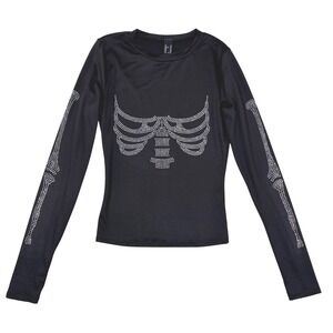 Forever 21 Rhinestone Skeleton Rib Cage Long Sleeve Top Black Whimsigoth XS